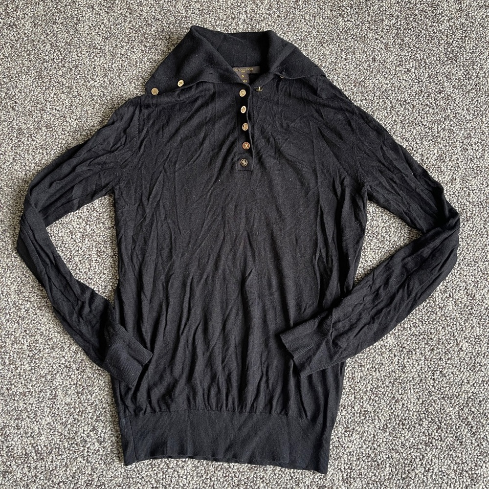 Louis Vuitton LV Black Wool Knit Sweater Gold Buttons S